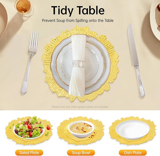 Antique Charger Plates Set 13'' Round Embossed Dinner Plate Chargers Plastic Elegant Floral Plates for Dinner Wedding Party Event Table Kitchen Decoration 100PCS (Gold 24Pcs)