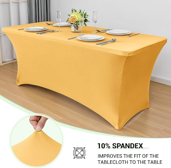 Obstal 8Ft Stretch Spandex Table Cover for Standard Folding Tables - 2 Pack Universal Rectangular Fitted Tablecloth for Party, Banquet, Events, Trade Show (Gold, 96L x 30W x 30H Inches)