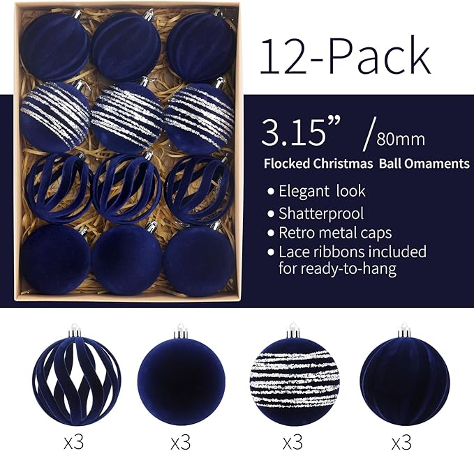 Christmas Ornaments Set of 12, 3.15" Flocked Velvet Balls with Hand Painted Designs, Navy Blue Elegant Christmas Tree Decorations in Gift Box