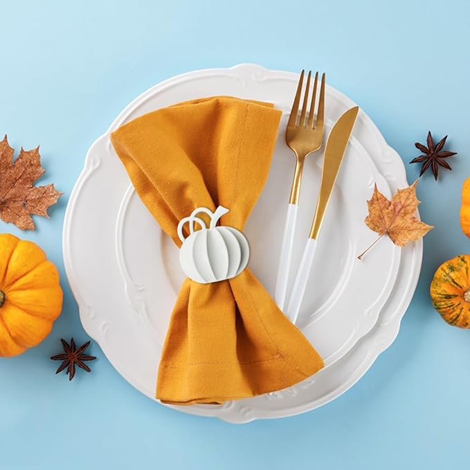 Halatool Set of 12 Thanksgiving Napkin Rings- Fall Harvest Pumpkin Napkin Holder, Alloy Dinner Tables Napkin Ring Decoration for Thanksgiving Weddings Holidays Gathering Party (White)