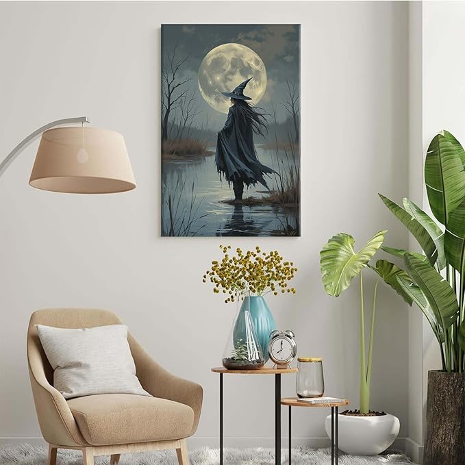 Witch in the moonlight magic canvas wall art enchanting Halloween home decor swamp witch silhouette oil painting mysterious gothic aesthetic wall decor print poster12x16in Wood Framed
