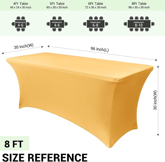 Obstal 8Ft Stretch Spandex Table Cover for Standard Folding Tables - 2 Pack Universal Rectangular Fitted Tablecloth for Party, Banquet, Events, Trade Show (Gold, 96L x 30W x 30H Inches)