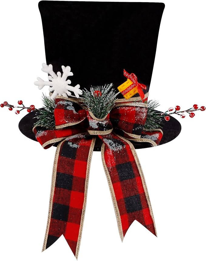 yofit Christmas Tree Topper Hat, Black Velvet Hat with Red Buffalo Plaid Bow Red Berry Snowflake, Christmas Tree Decorations Top Hat, Desktop Ornaments for Home Holiday Winter Decor