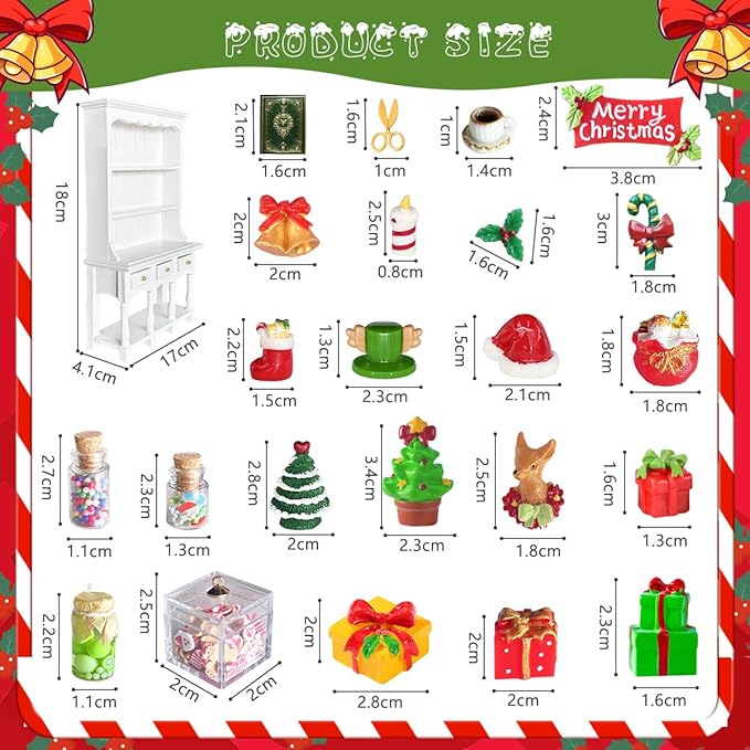 Dollhouse Miniatures Accessories 1/12 Scale, 34pcs White Wooden Bookshelf Furniture Kit - Mini Books&Gift Boxes, Candy Jars, Christmas Tree&hat, Dollhouse Christmas Decorations for Kids