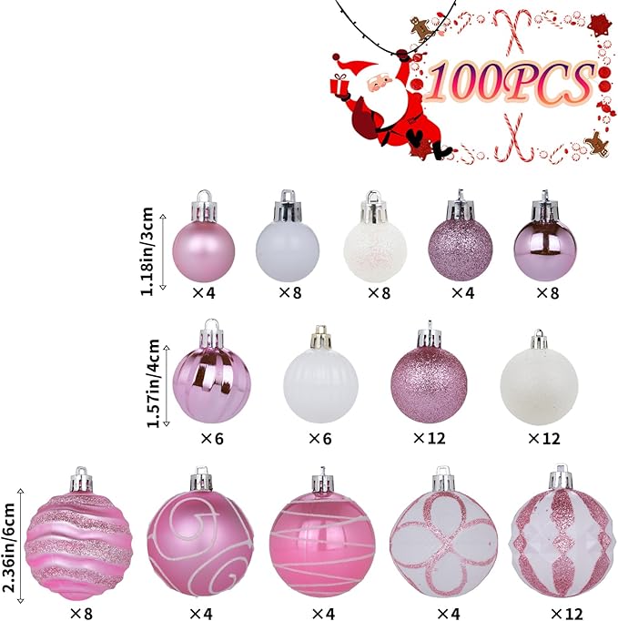 100Pcs Christmas Balls Ornaments Set, Shatterproof Christmas Decorations with Hand-held Gift Package for Xmas Tree/Holiday/Wedding/Holiday/Party Decor (Pink & White)