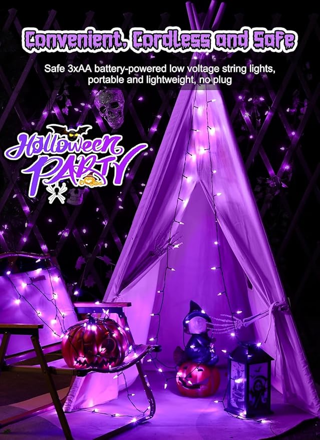 Battery Operated Halloween Indoor String Lights, 8 ft 20 LED Purple Mini Cluster Tree Lights with Timer, Indoor Outdoor Patio Garland Window Decor for Party Christmas Halloween Decorations