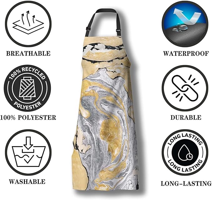 Funny Aprons for Adults Women Gold and Black Marble Women Apron for Kitchen Cooking Restaurant BBQ Painting Crafting Gardening 27” (W) x 31” (H), Waterproof Apron