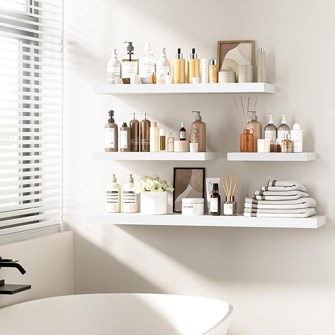 Fun Memories Floating Shelves - 12 Inch Rustic Wooden Wall Shelves - Extra Deeper & Thicker Wall Mounted Storage Shelf for Living Room, Kitchen, Farmhouse - 48" W x 12" D x 1.8" H - White