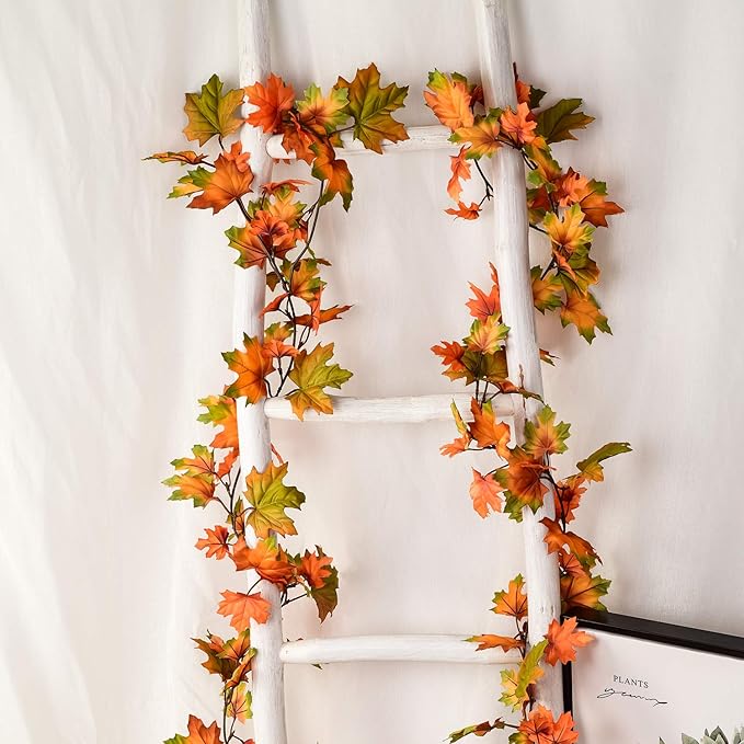 2 Pack Fall Maple Leaf Garland Clearance - 6.5ft/Piece Artificial Foliage Garland Autumn Hanging Fall Leave Vines for Indoor Outdoor Wedding Thanksgiving Dinner Party Decor
