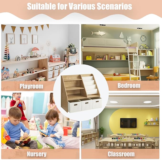 Kids Bookshelf and Toy Storage Organizer, Montessori Nursery Book Shelves with 3 Tier Sling Rack & Fabric Toy Bins, Children Toddler Baby Bookshelf, Wooden Toy Shelf for Kids Room Playroom