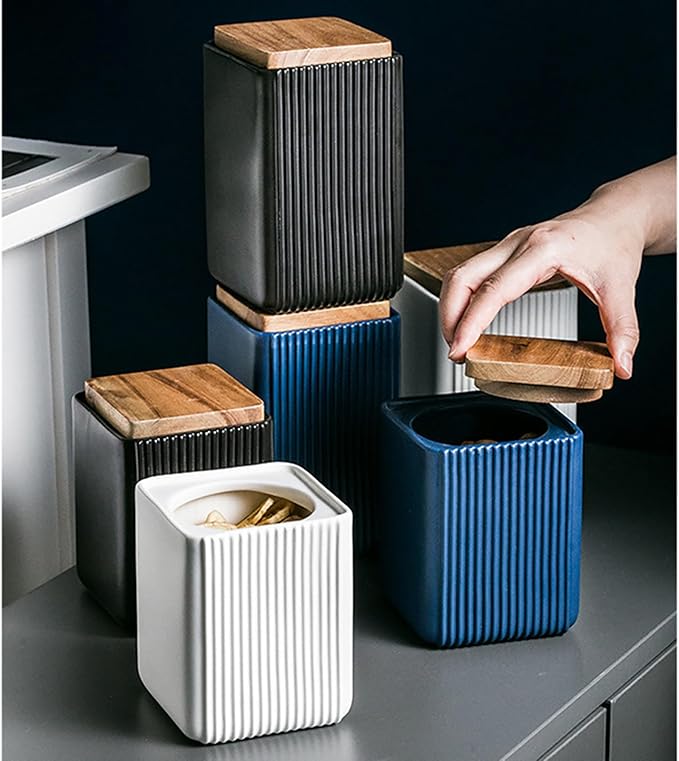 Ceramic Storage Jars Modern Elegant Polished Airtight Gorgeous Storage Canisters with Wooden Lid Small Food Stroage Jar for Kitchen Spice Tea Vanilla Sugar Coffee Beans (Black,Small size,13cm*10cm)