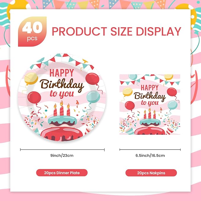 40 pcs Birthday Paper Party Plates and Napkins Disposable Colorful 9 inch 20 pcs Dessert Plates & 20 pcs Napkins Tableware for Fruit Cake Party Decorations