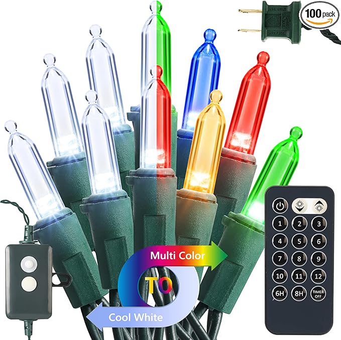 Brizled Christmas Lights, 33ft 100 LED Color Changing Christmas Tree Lights Connectable with Remote, 12 Modes Cool White & Colored Xmas Lighting, Clear Mini Xmas Lighting for Indoor Outdoor Home Decor