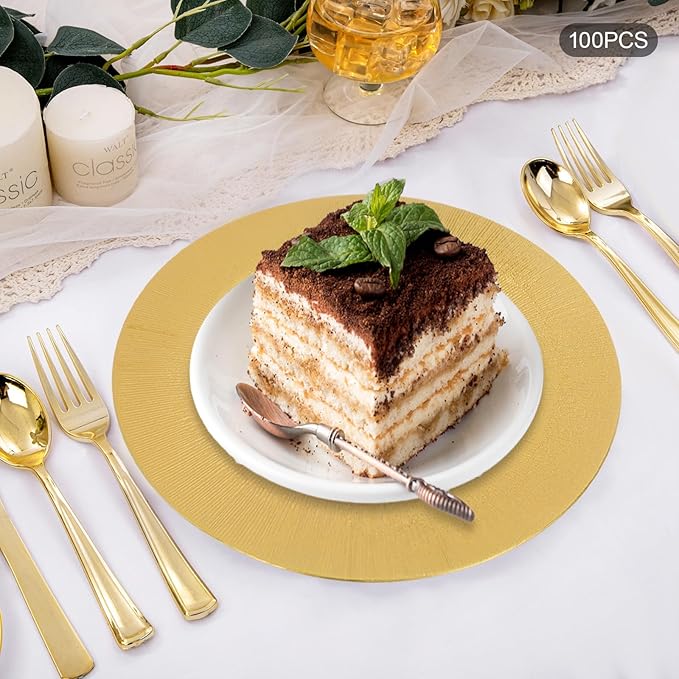 Antique Charger Plates Set 13'' Round Embossed Dinner Plate Chargers Plastic Elegant Floral Plates for Dinner Wedding Party Event Table Kitchen Decoration 100PCS (Customized Gold 100Pcs)