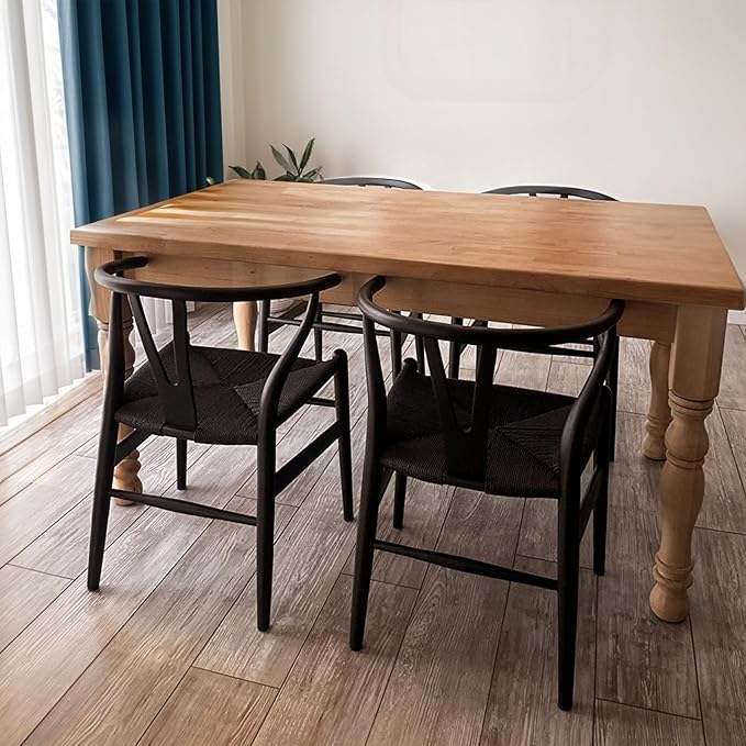 Wishbone Chair Natural Solid Wood Dining Chair/Hans Vegner Y Chair Rattan and Wood Accent Armrest Chairs Set of 4 (Ash Wood - Black)