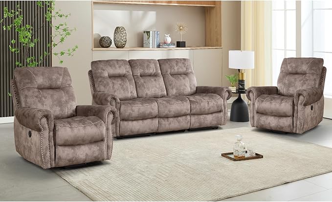 EBELLO 3 Pieces Reclining Couch Furniture Set for Living Room, Double 1 Seat Power Recliner Chair with Massage and Heat, a 3 Seater Manual Sofa, Vintage Rivet Mid-Century Design, Brown