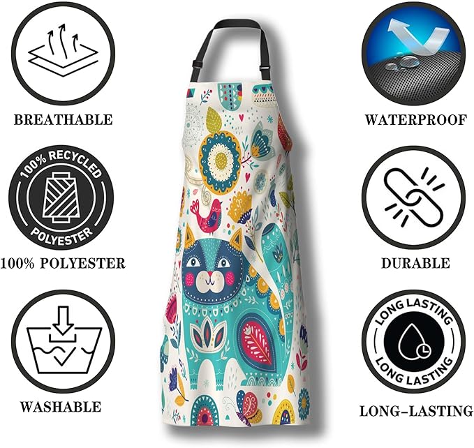 Kitchen Apron for Men Colorful Blue Cat Fun Aprons for Women for Cooking Restaurant BBQ Painting Crafting Gardening 27” (W) x 31” (H), Waterproof Aprons