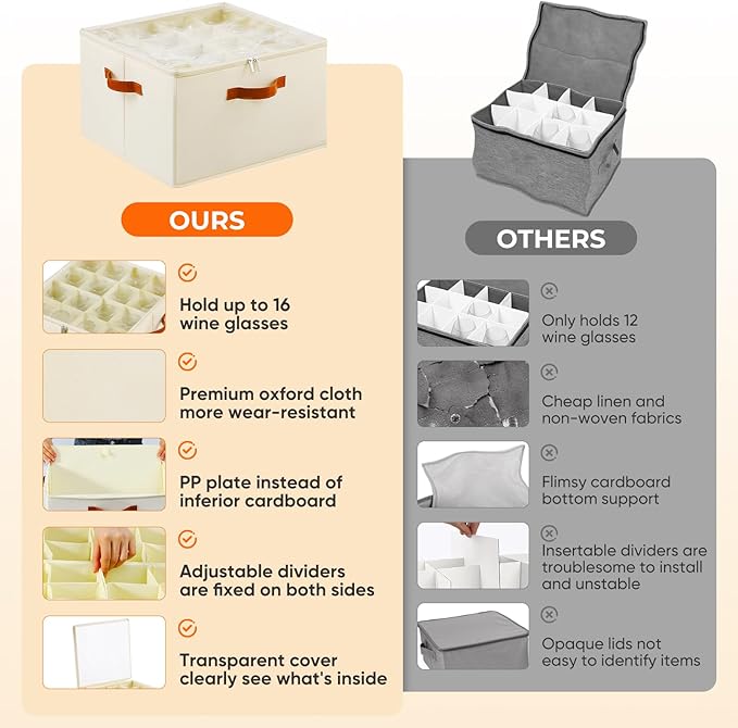 Wine Glass Storage Box with Dividers, 2 Pack Glassware Storage Containers, Stemware Storage Cases Holds 32 Wine Glasses, Stackable Crystal Storage Containers with Clear Cover for Moving,Beige