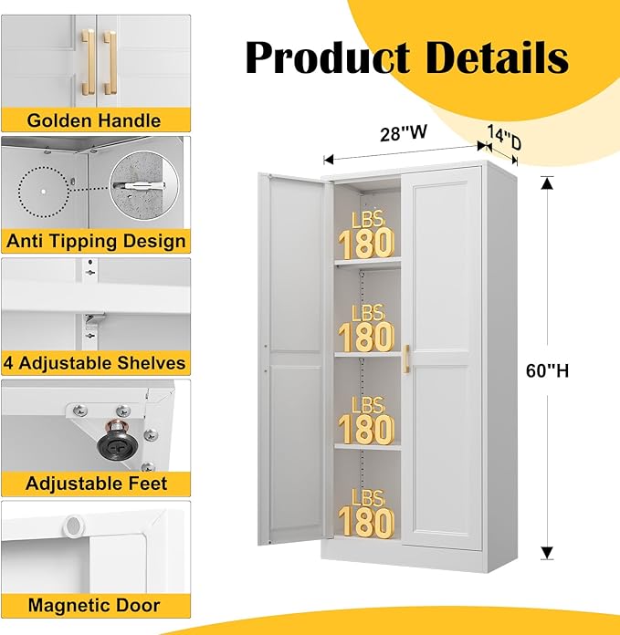 Kitchen Cabinet Storage,60”Metal Pantry Cabinet with Doors and 3 Adjustable Shelves,Food Pantry Cabinets with 2 Gold Handles,White Tall Storage Cabinet for Livingroom,Pantry,Bathroom,Kitchen