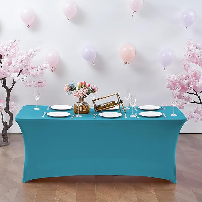 CWK 6FT Waterproof Stretch Spandex Table Cover for Rectangular Tables - Elastic Fitted Tablecloth for Folding Tables,Wrinkle Resistant Table Cloth for Parties, Weddings, Banquets & Events (Teal)