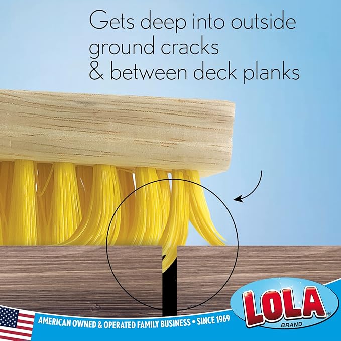 Lola Products Deck Scrub Brush Broom, 9" x 3.5" Wide, Durable Bristles Remove Dirt, Grime, Grout, Leaves, Snow on Patios, Decks, Wet or Dry, 9 Count