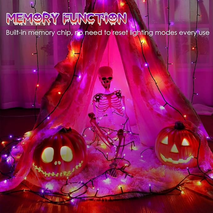 4pk Orange and Purple Solar Halloween Lights Outdoor Waterproof, 400LED 132FT Solar Powered LED String Lights Black Wire with 8 Modes, Solar Fairy Lights for Halloween Horror Party Tree Wedding Decor