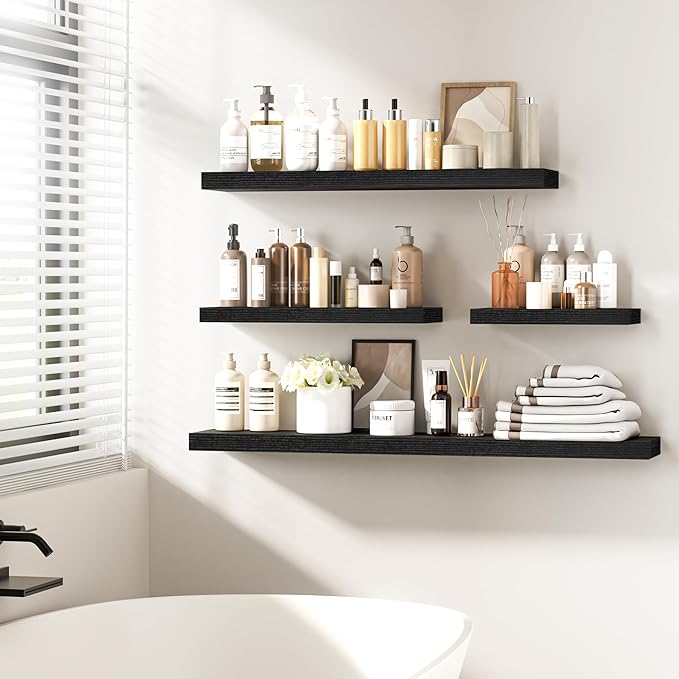 Fun Memories 24 Inch Floating Shelves - Deep Rustic Black Wooden Wall Shelves - Extra Deeper & Thicker Wall Mounted Storage Shelf for Bedroom, Kitchen, Farmhouse - 2 Pack, Rustic Black