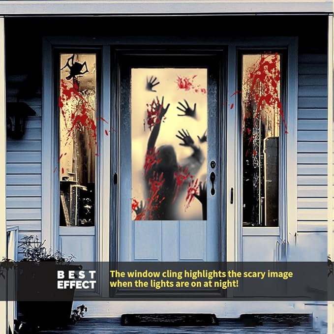 Rypyp 2PCS Halloween Decorations Indoor Window Clings, Large Window/Door Covers(59x30in)- Scary Zombie with Bloody Handprints at The Window, Halloween Haunted House Party Décor, Garage Door Cover