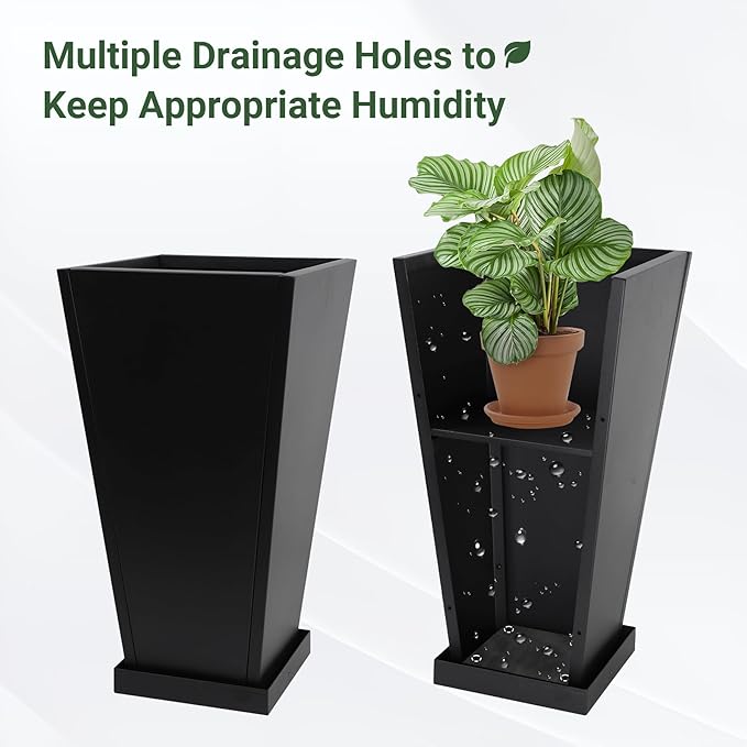 Tall Metal Planter 26" H - 2 Pack, Tall Planters with Removable Insert Shelve & Saucer Trays, Metal Outdoor Planters for Porch, Garden, Patio, Yard(Black)