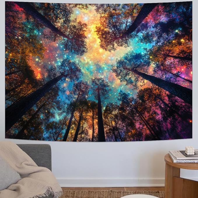 Amhokhui Colorful Forest Tapestry Nature Landscape Tapestry Mysterious Sky Tapestries Psychedelic Aesthetic Starry Night Tapestries Trippy Galaxy Space Wall Hanging Decor for Home