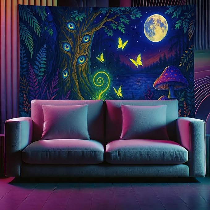 Starlit Patio Fantasy Forest Blacklight Tapestry UV Reactive Wall Hanging Glowing Tree Eyes Butterflies Mushrooms Moon for Bedroom Dorm Living Room Psychedelic Nature Decor Fluorescent Poster 78 x 59 Inch
