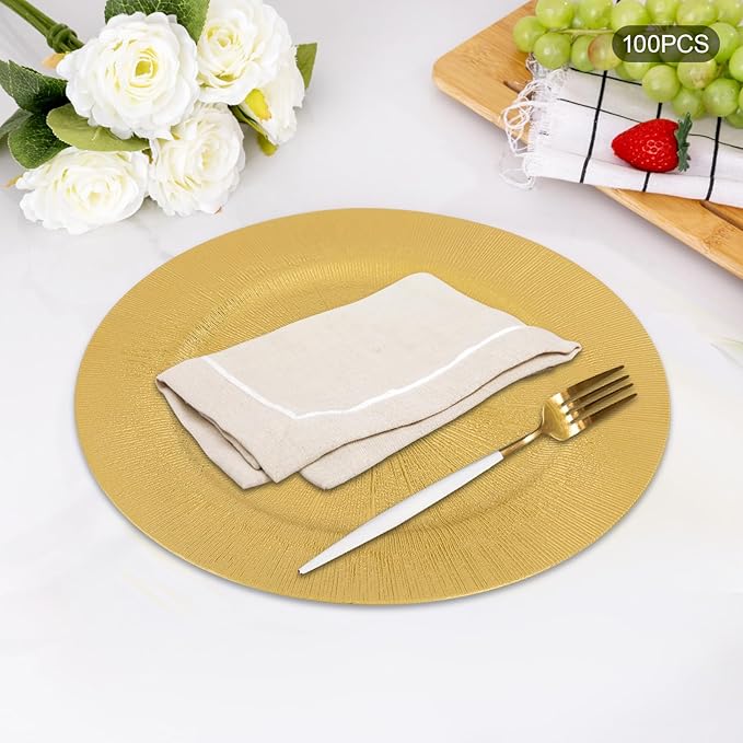 Antique Charger Plates Set 13'' Round Embossed Dinner Plate Chargers Plastic Elegant Floral Plates for Dinner Wedding Party Event Table Kitchen Decoration 100PCS (Customized Gold 100Pcs)