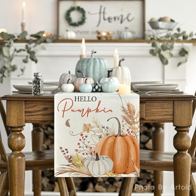 Artoid Mode Hello Pumpkin Flowers Leaves Thanksgiving Table Runner, Seasonal Fall Harvest Vintage Kitchen Dining Table Decoration for Indoor Outdoor Home Party Decor 13 x 48 Inch