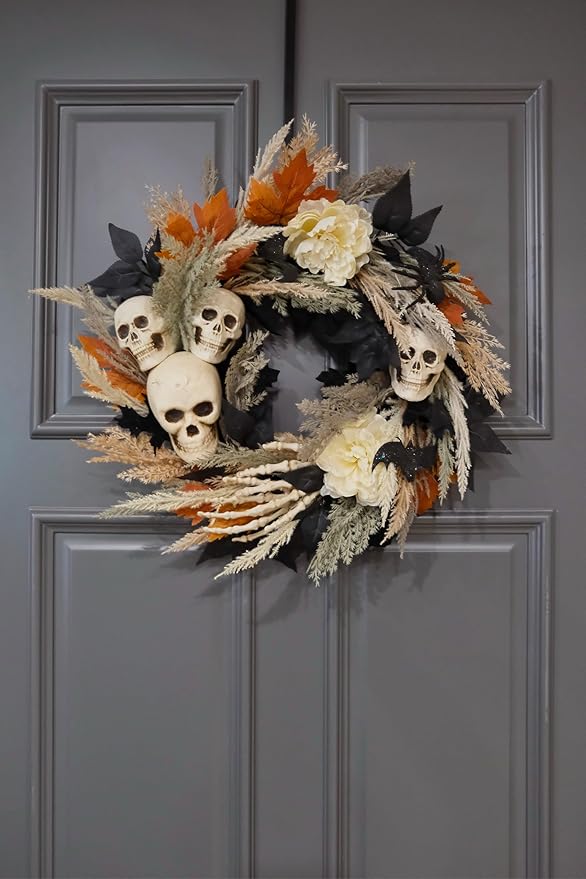 24" Halloween Wreath for Front Door with Artificial Skulls, Wheat, Maple Leaves and White Peonies - Fall Halloween Holiday Decoration for Home Door Wall Indoor/Outdoor