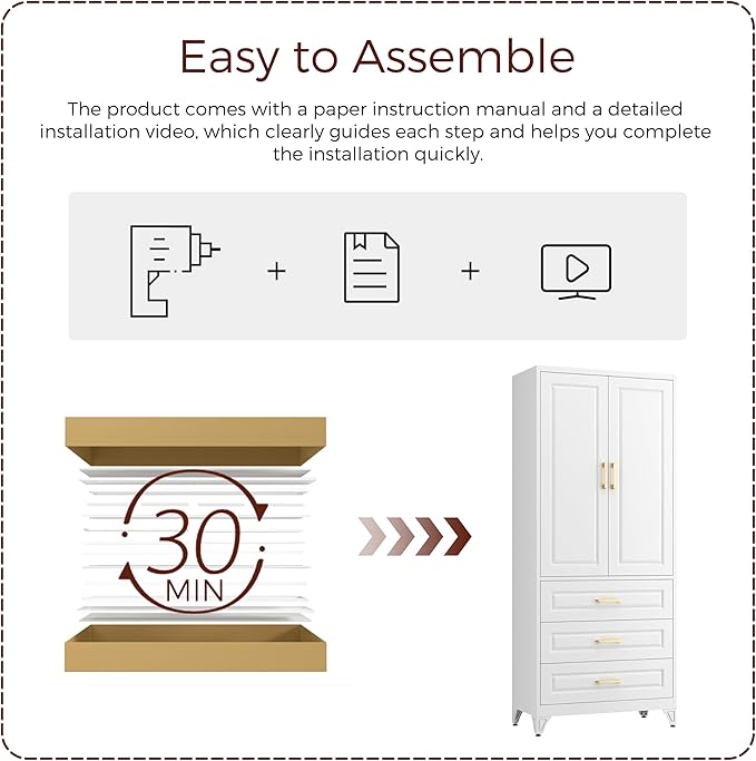 75" Kitchen Pantry Cabinet, Metal Storage Cabinets with Doors and Adjustable Shelves, White Tall Pantry Cabinet with 3 Drawers for Dinning Living Room