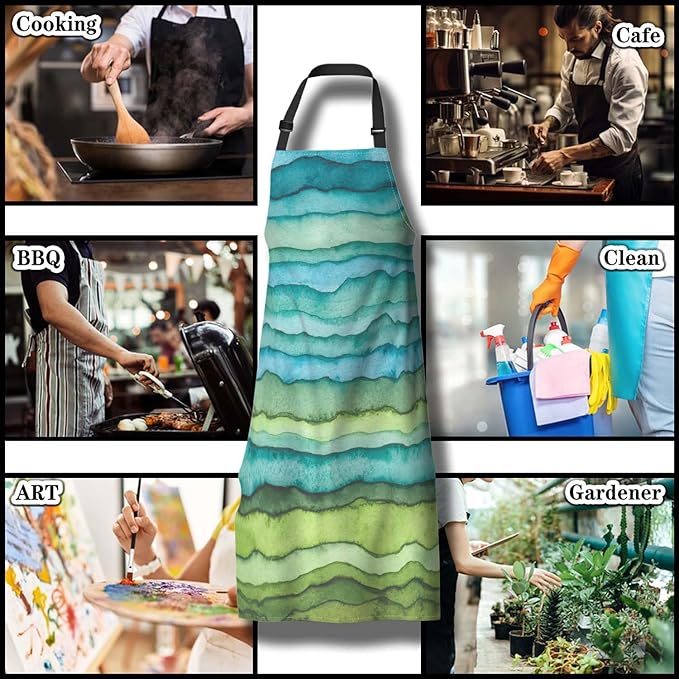 Garden Apron for Women Blue and Green Waves Cute Aprons for Men for Kitchen Cooking Restaurant BBQ Painting Crafting Gardening 27” (W) x 31” (H), Waterproof Apron