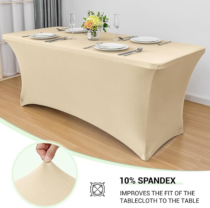 Obstal 8Ft Stretch Spandex Table Cover for Standard Folding Tables - 2 Pack Universal Rectangular Fitted Tablecloth for Party, Banquet, Events, Trade Show (Champagne, 96L x 30W x 30H Inches)