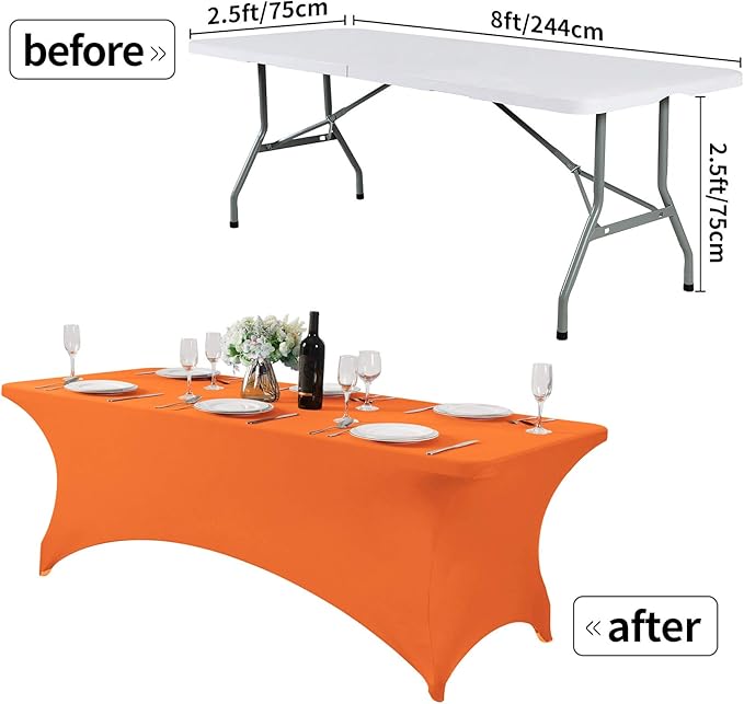 2Pack Spandex Table Cover for 8FT or 4ft or 6ft Table Universal Fitted Stretch Tablecloth for Party, Banquet, Wedding and Events-Orange