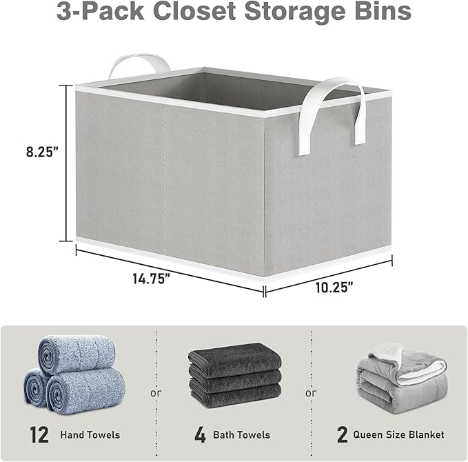 Closet Storage Bins, Fabric Closet Organizers and Storage Basket for Shelves, Collapsible Shelf Baskets for Organizing Shelves, Bedroom Clothes Basket, Gray, 3 Pack