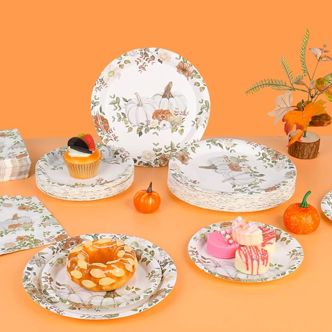 150Pcs Fall Paper Plates and Napkins Party Supplies Autumn Thanksgiving Disposable Plates Napkin White Pumpkin Plates Tableware Set for Fall Decor Thanksgiving Party Supplies,Serve 50 Guests