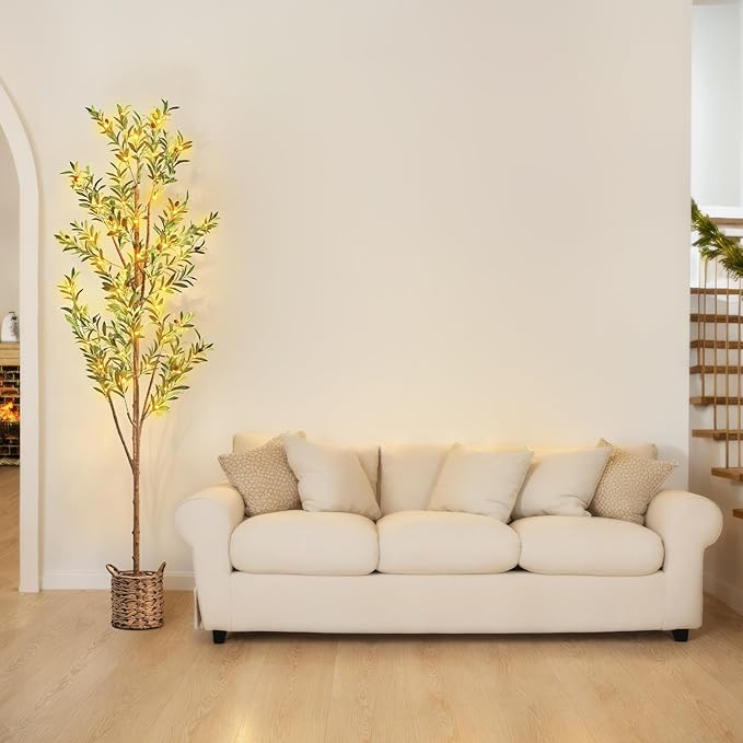 6ft Artificial Olive Tree with LED Fairy Lights, Tall Faux Potted Plant with Woven Basket - Natural Wooden Trunk & Lifelike Leaves & Fruits for Indoor Home Office Foyer Decor Housewarming Gift