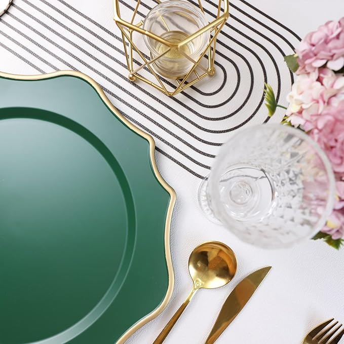 Green Chargers for Dinner Plates, 13 Inch Scalloped Plastic Decorative Table Charger Service Plates Set of 6 for Wedding, Holiday, Thanksgivng, Christmas