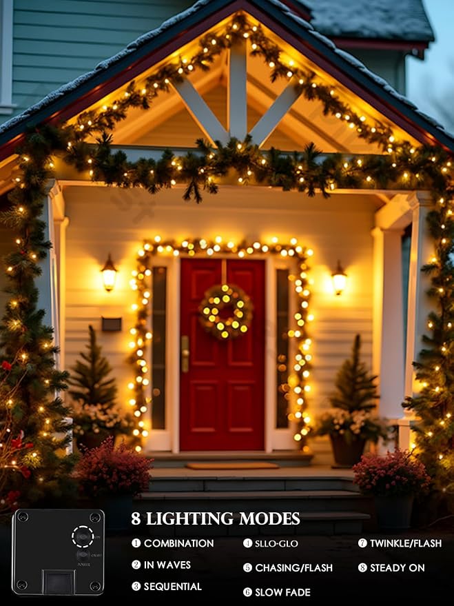 Warm White Solar Christmas Lights Outdoor Decorations Waterproof, Tatal 2 Pack 200LED 66FT Solar String Lights Green Wire with 8 Modes, Christmas Fairy Light for Xmas Tree Party Wedding Garden Decor