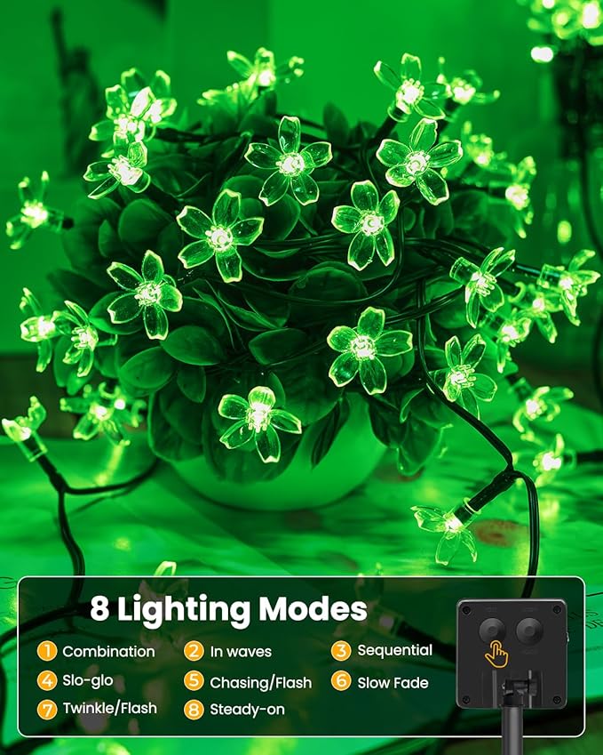 Brightown 2 Pack Total 52FT 120 LED Solar Flower String Lights for Outside Waterproof Fairy Lights for Garden Yard Fence Patio Christmas Tree Wedding Party Decor, Green