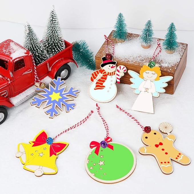 48PCS Christmas Crafts for Kids, Wooden Christmas Ornaments Unfinished Wood Slices with 6 Styles, DIY Christmas Ornaments Kits for Christmas Tree Holiday Hanging Decorations