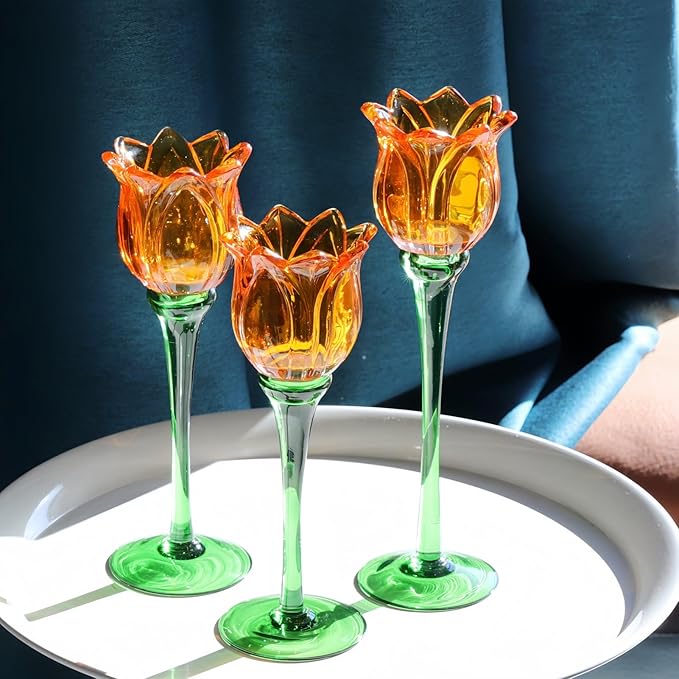 VOHO Orange Tulips Votive Candle Holders for Spring Decor, Elegant Tall Glass Candle Holder Centerpiece Table Decorations, Tulip Tealight Candle Holder for Wedding for Women(Set of3)