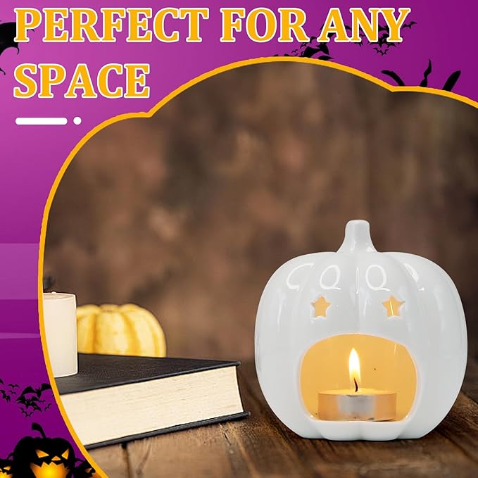 Ceramic White Pumpkin Candle Holder, Halloween Decor Candlestick Holder with Star Hole for Halloween Party, On a Desk at Work, Home Decoration, Daughter Girlfriend Mother Gift