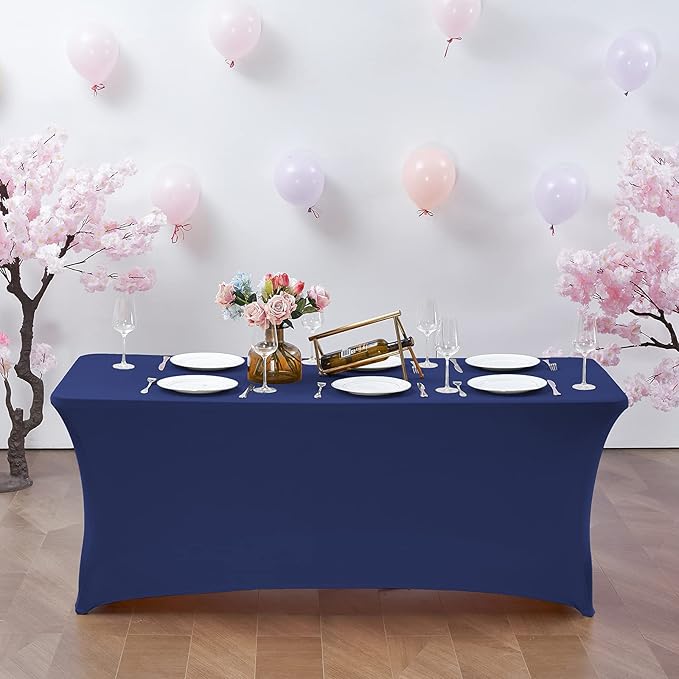 CWK 6FT Waterproof Stretch Spandex Table Cover for Rectangular Tables - Elastic Fitted Tablecloth for Folding Tables,Wrinkle Resistant Table Cloth for Parties, Weddings, Banquets & Events (Blue)