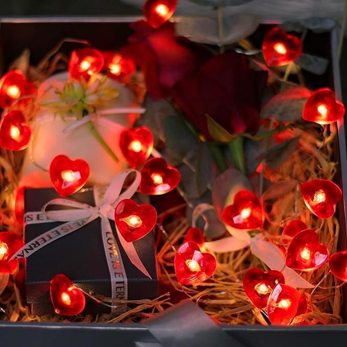 10FT Red Heart Fairy Lights Battery Operated with Timer for Mothers Day Decoration, LED String Lights Indoor Outdoor Waterproof Twinkle Lights for Christmas Proposal Anniversary Valentines Party Decor