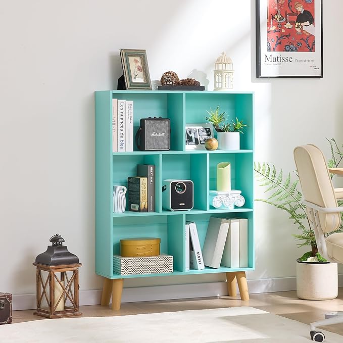 LEYAOYAO 7 Cube Bookshelf 3-Tier Bookcase with Legs, Mint-Green Kids Book Shelf Cute Storage Organizer, Toy Shelves Bookshelves,Wood Display Bookcases